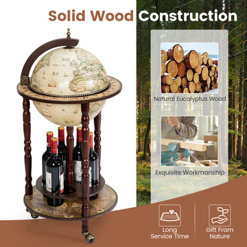 17インチ イタリアンスタイルデザイン 木製グローブ型酒瓶ワインラック キャスター付き